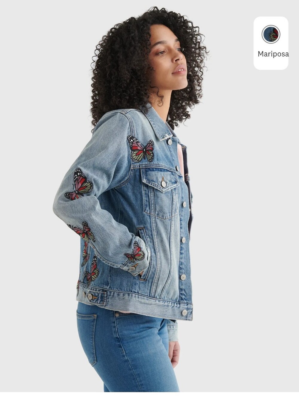 Lucky Brand Embroidered Butterfly Trucker Jean Jacket